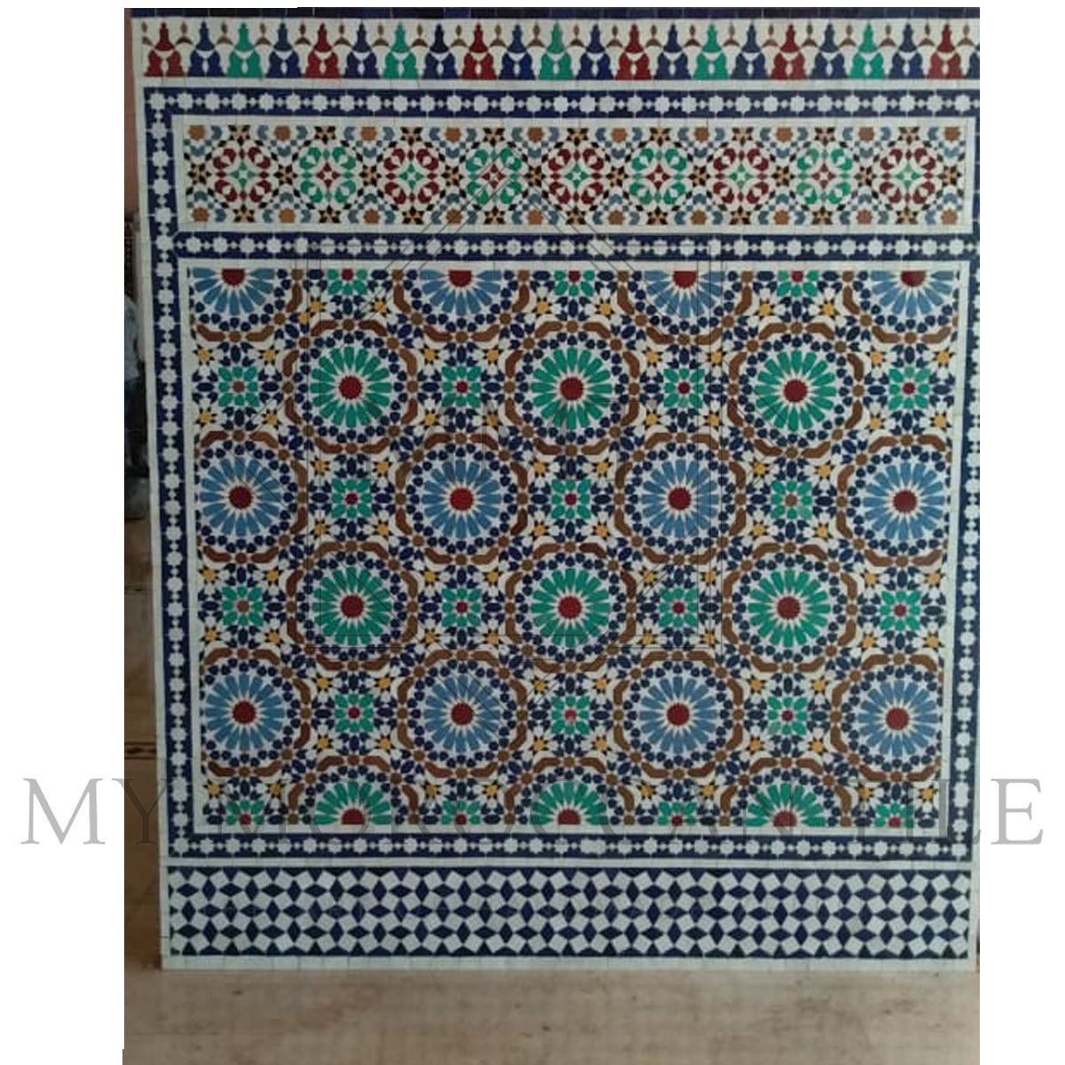 Handmade Bouquet Moroccan Zellij mosaic tile with traditional border and liner
