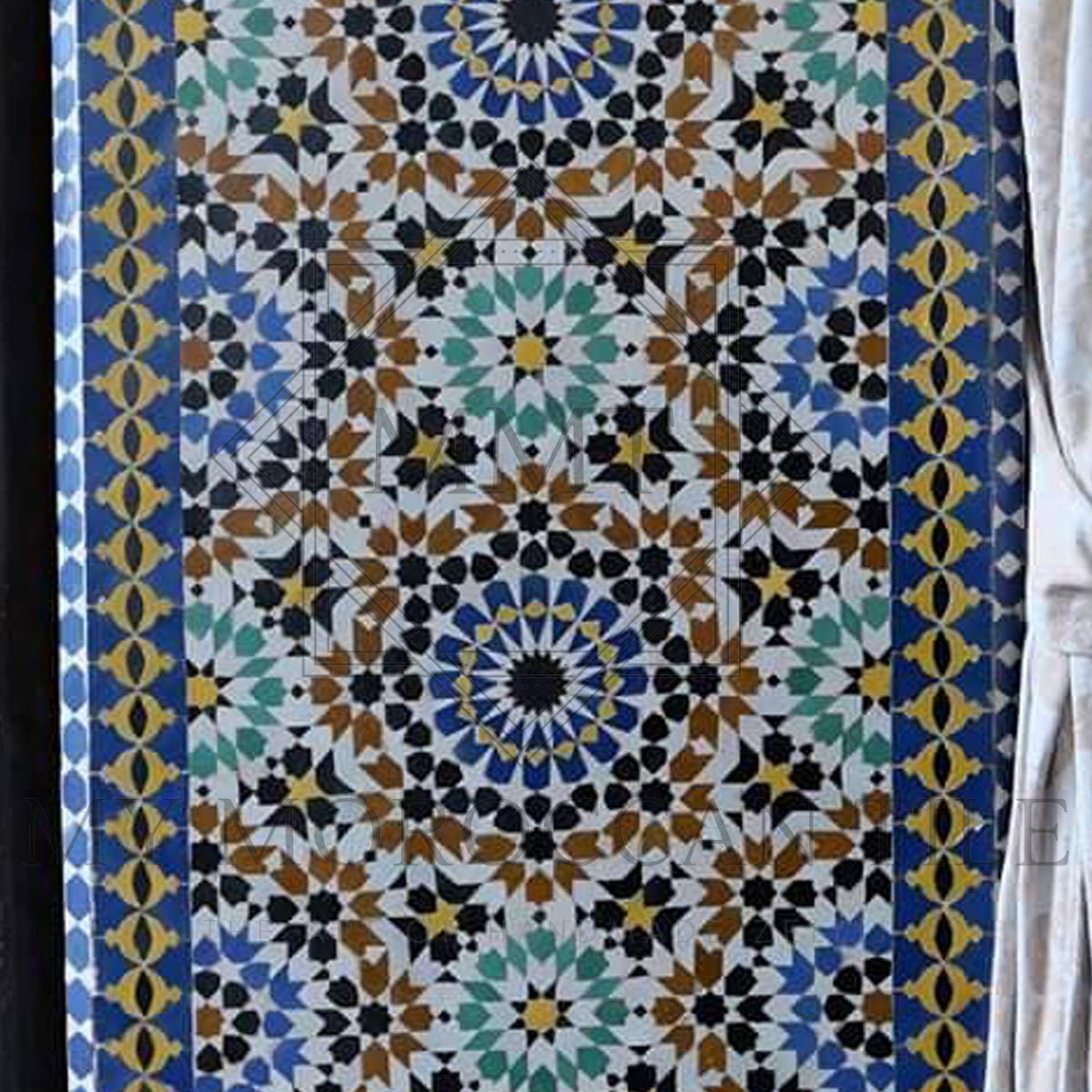 Handmade Bouquet Moroccan Zellij mosaic tile with traditional border and liner